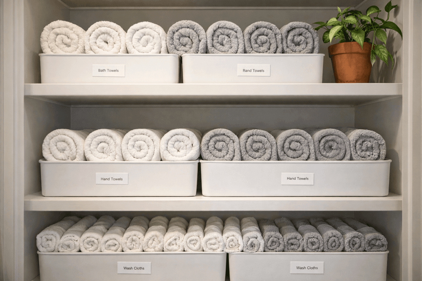 Neatly organized linen closet shelves with rolled towels standing upright in rectangular bins grouped by type, showing bath towels, hand towels, and washcloths in separate labeled containers