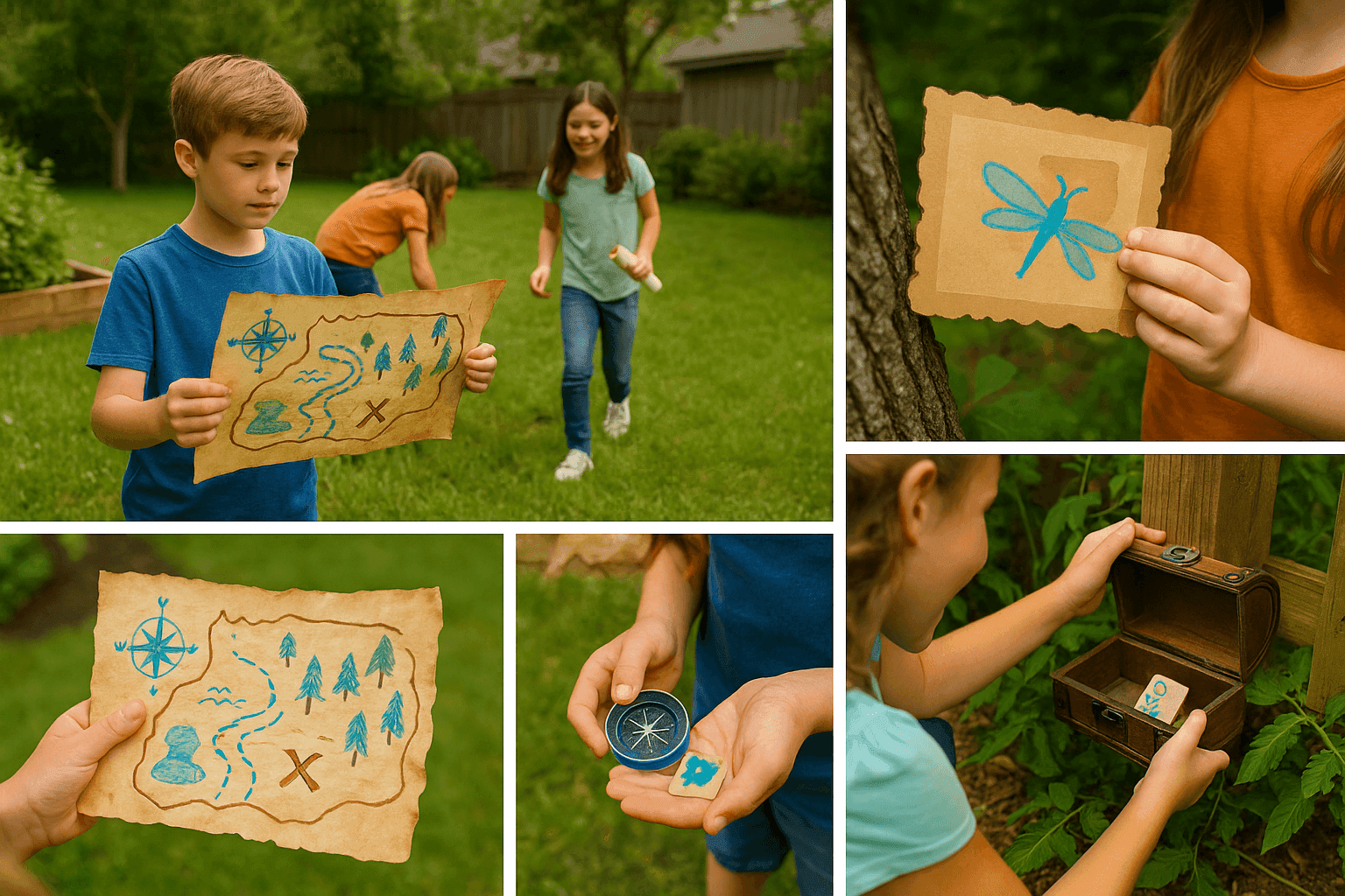 Children excitedly following handmade treasure map and searching for hidden clues in a backyard scavenger hunt adventure