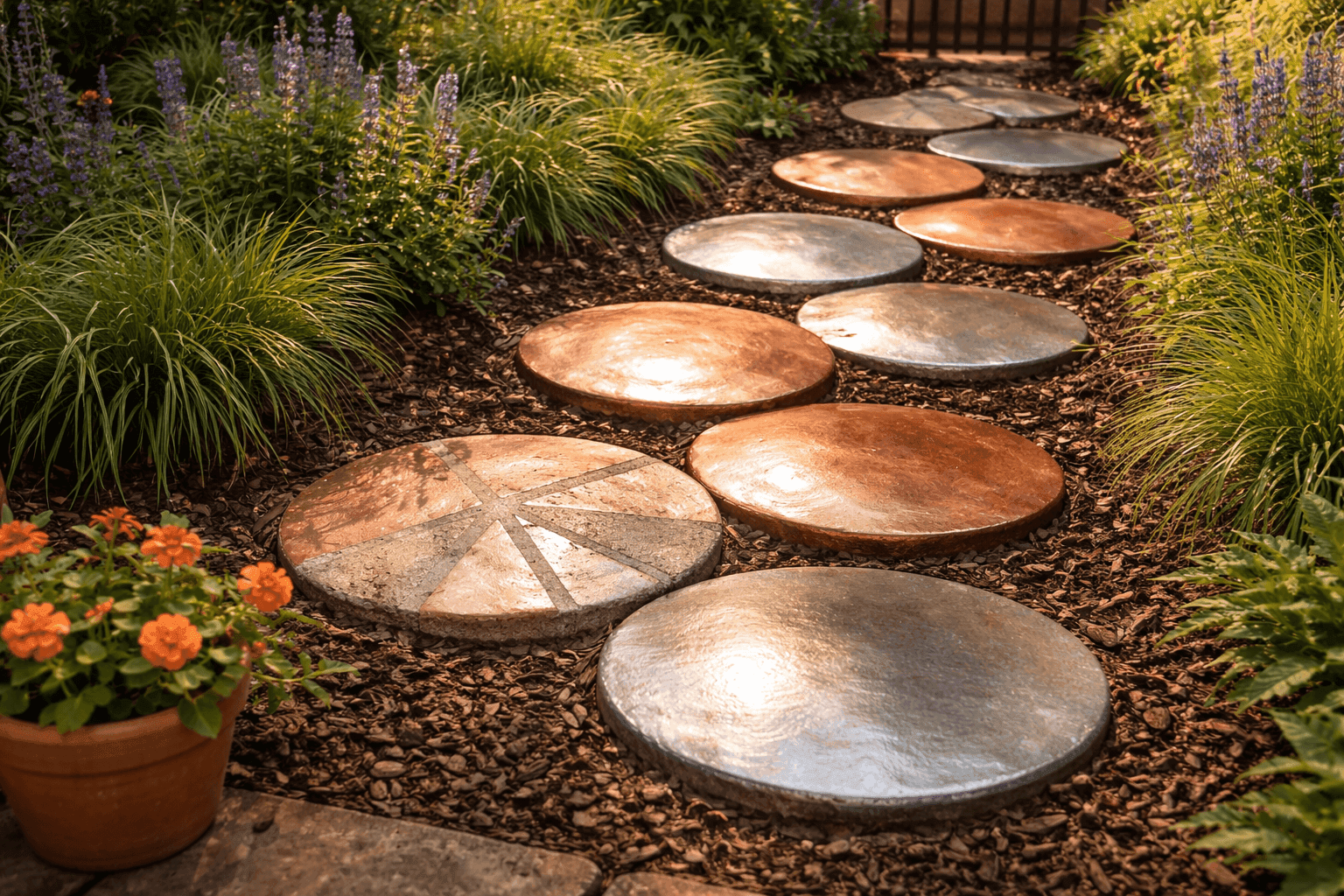 A garden pathway of concrete stepping stones painted in rose gold, copper, and silver metallic finishes catching afternoon sunlight between low ornamental grasses and garden beds