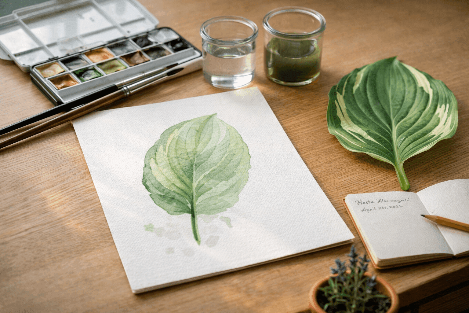 Watercolor botanical plant portraits in progress on a wooden desk beside a garden leaf specimen and small watercolor palette, with soft natural light illuminating the painted pages