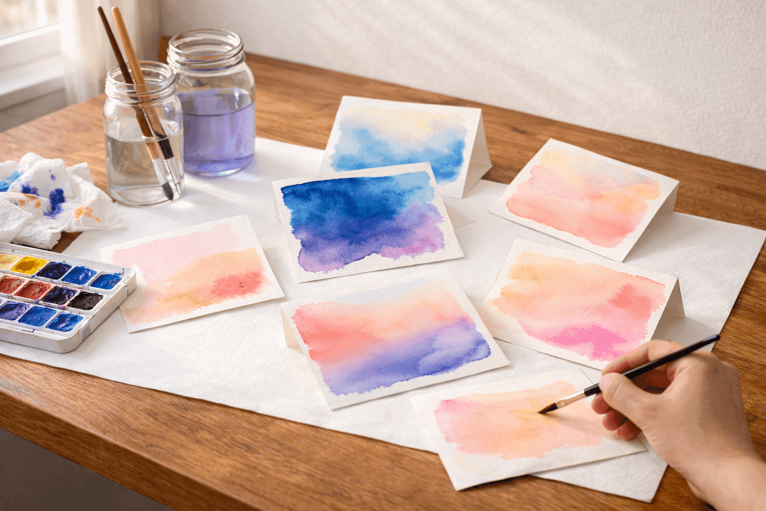 Gentle watercolor greeting cards with soft abstract washes drying on workspace with brushes and paints nearby