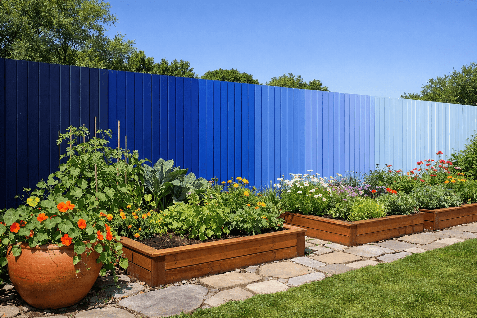 Stunning gradient ombré painted wooden privacy fence transitioning from deep navy blue to soft sky blue in a bright sunny backyard garden setting