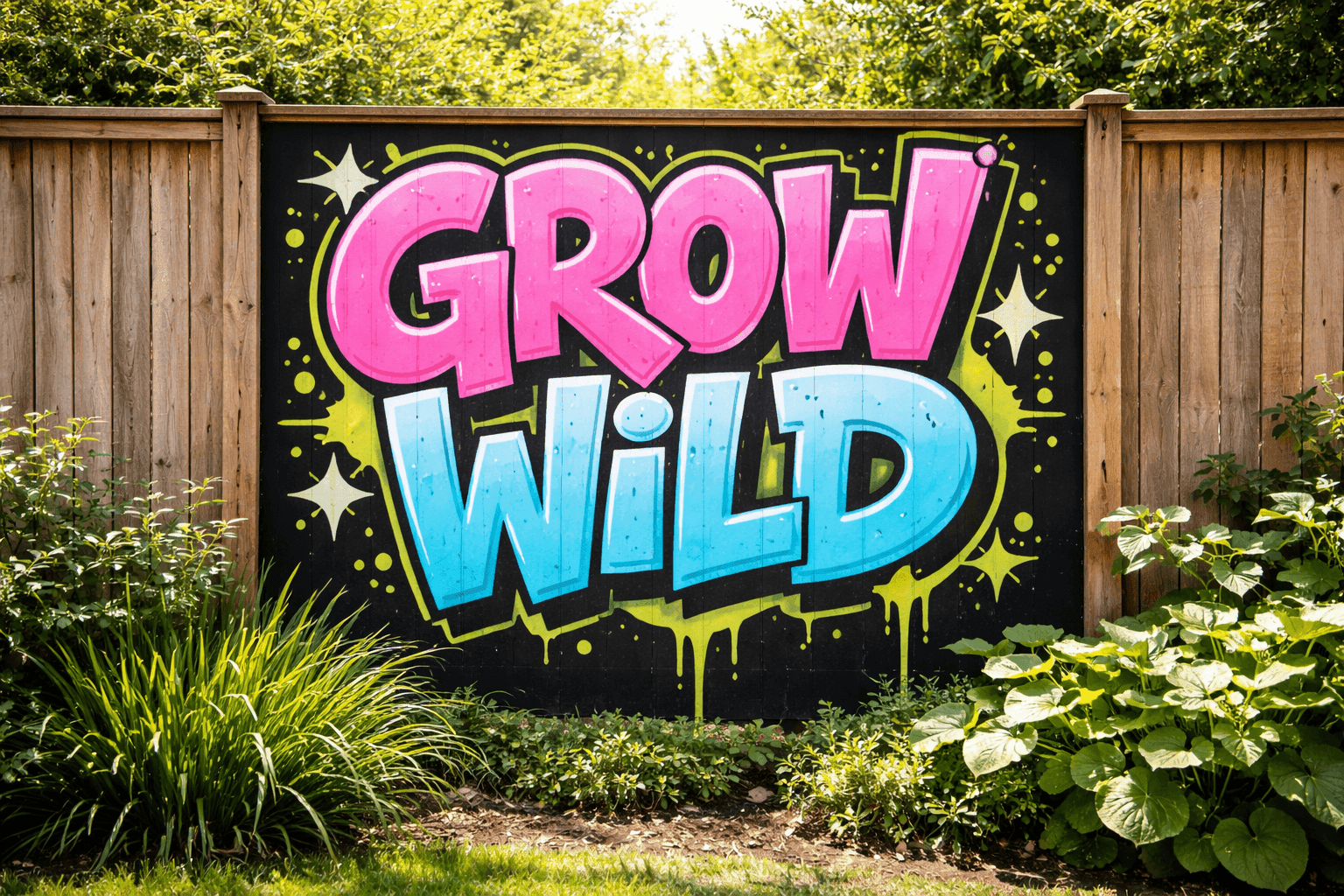 Bold graffiti-style painted fence panel with neon pink and electric blue bubble letters spelling GROW WILD with lime green accents on a black background in a sunny backyard garden