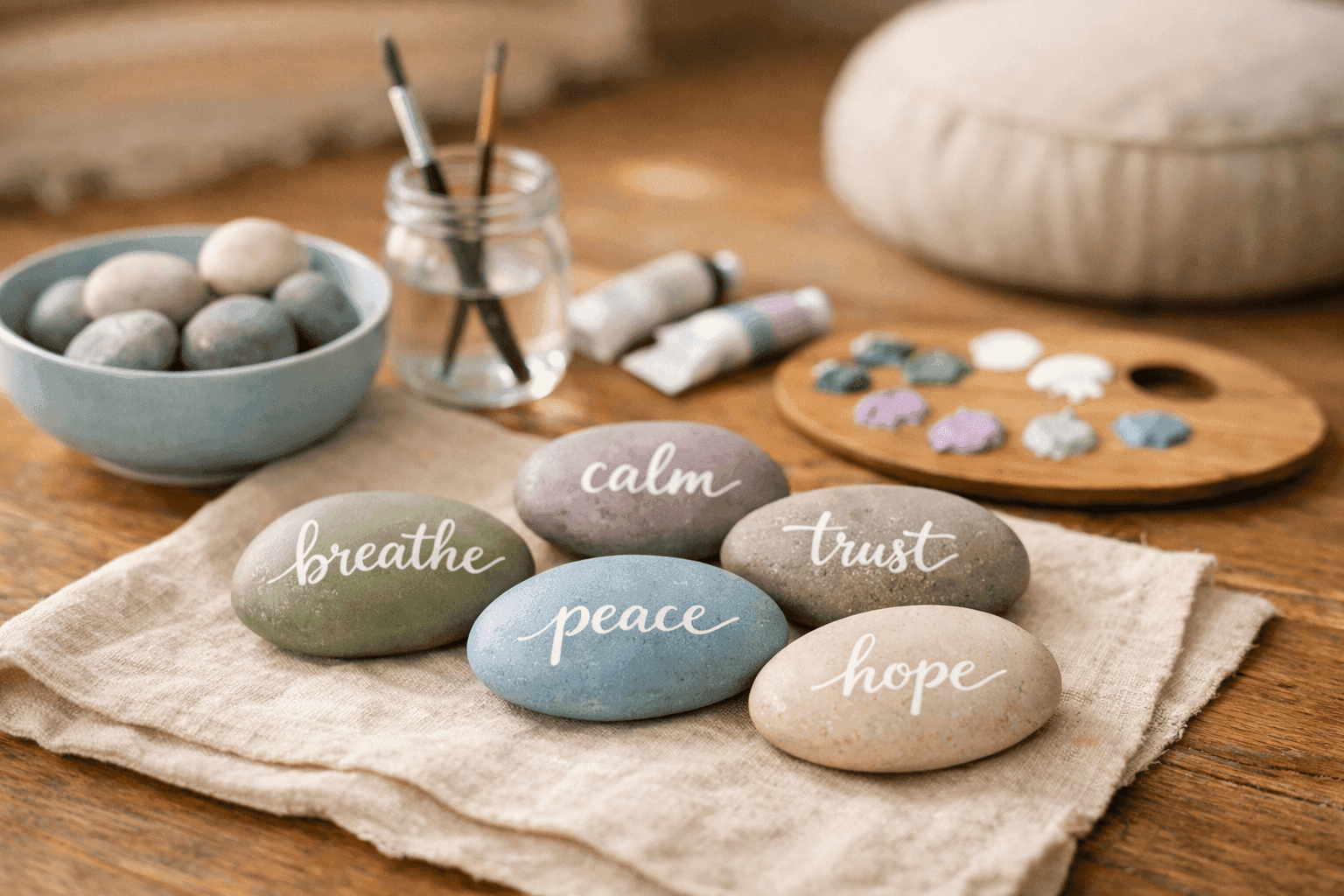 Collection of smooth painted worry stones with calming colors and mantras arranged on natural linen fabric