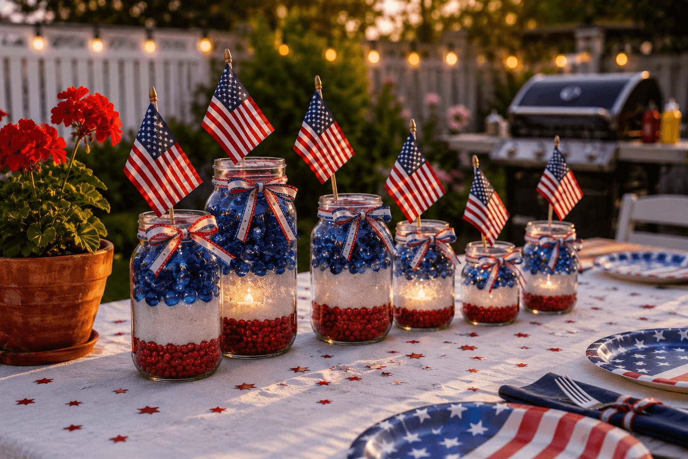 Cluster of five patriotic mason jar centerpieces in varying heights on a festive July 4th table, filled with layered red white and blue materials and small American flags, with battery tea lights glowing inside