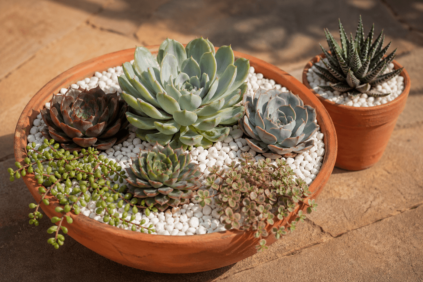 A wide shallow terracotta bowl planted with five succulent varieties in varying heights and colors, finished with white decorative pebbles between plants, displayed on a sunny patio surface
