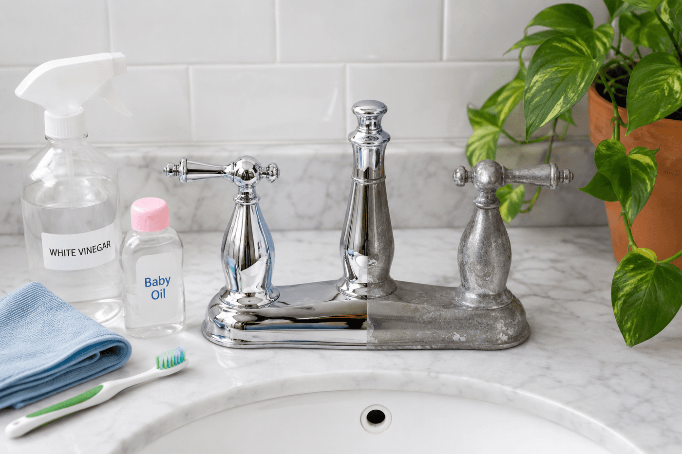 A chrome bathroom faucet polished to a mirror shine beside a spray bottle of white vinegar and a folded microfiber cloth, showing the dramatic before-and-after contrast on adjacent fixture surfaces