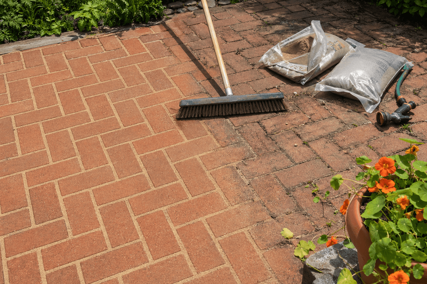 Brick paver patio with polymeric sand being swept into joints with a push broom, showing clean filled joints beside unfilled weedy joints in clear before-and-after contrast