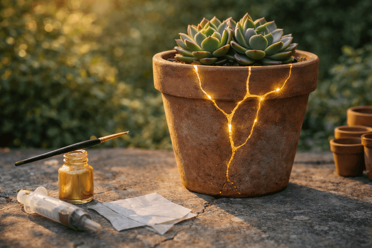 Repaired terracotta pot with gold kintsugi seams sitting on a sunlit patio surrounded by lush garden plants