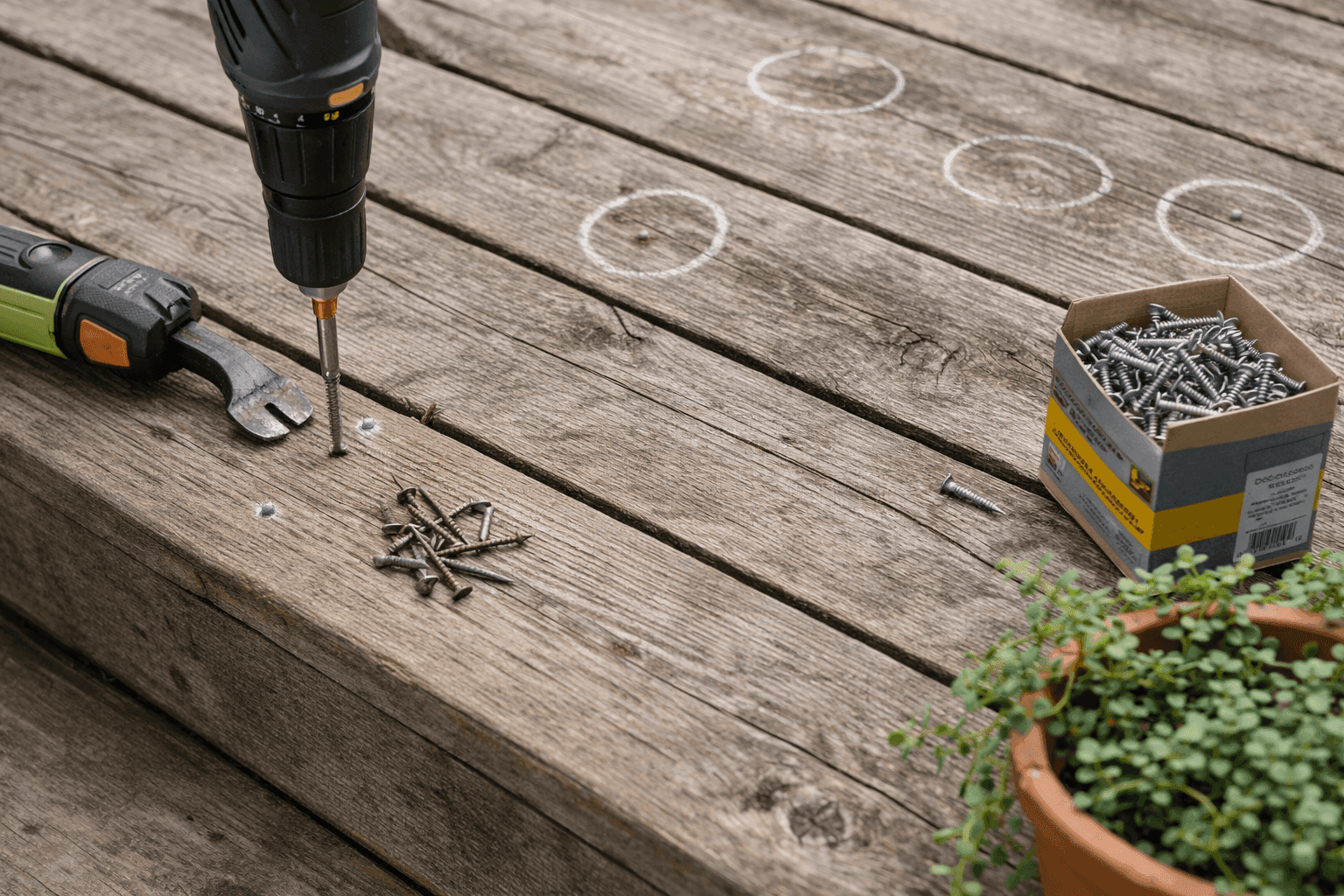 Close-up of a deck board repair in progress with a drill driving a countersunk deck screw flush into weathered wood decking beside a marked popped nail