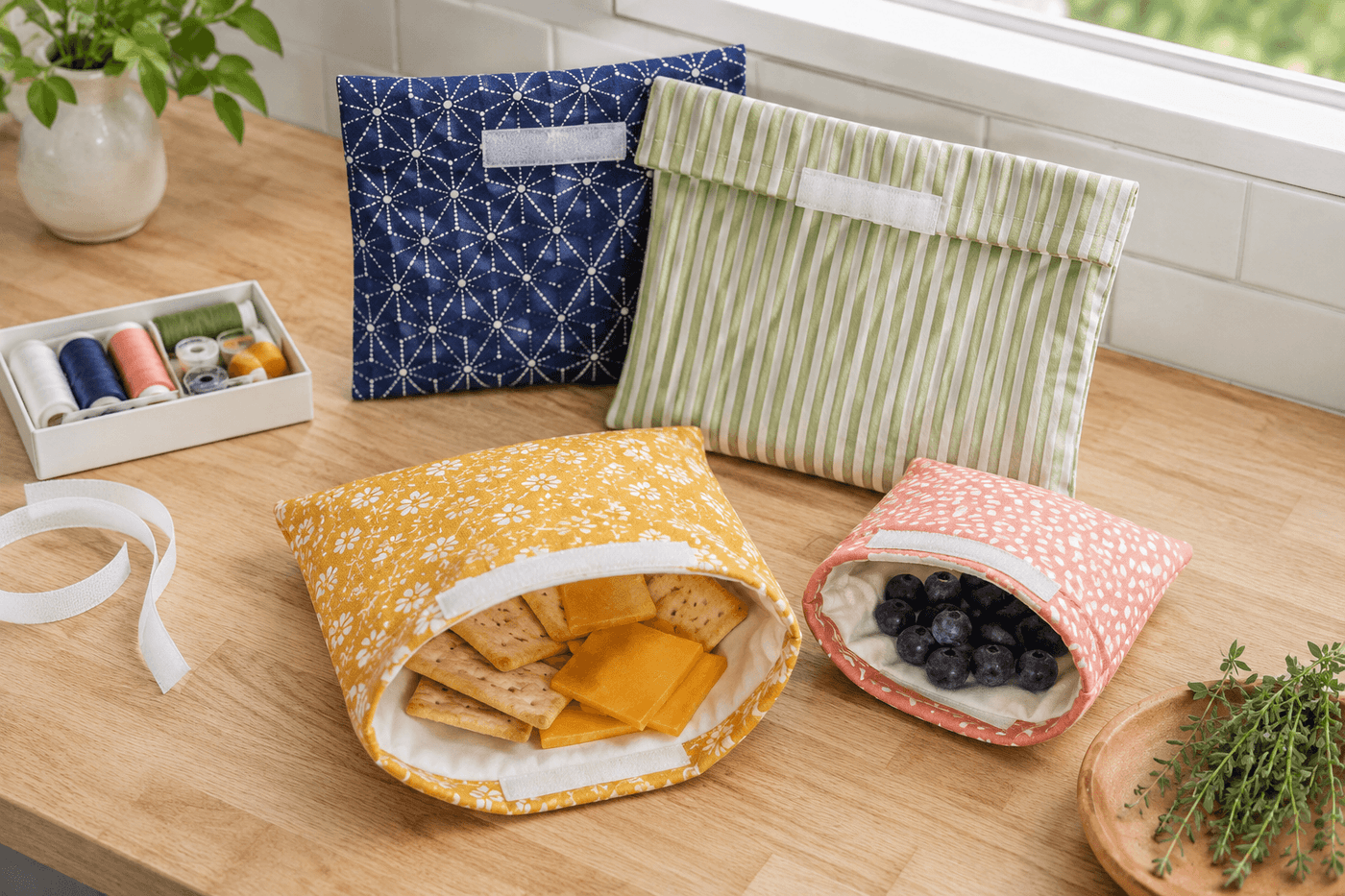 Four colorful handmade reusable fabric snack bags in different sizes arranged on a wooden kitchen counter with crackers, fruit, and vegetables spilling out of two open bags