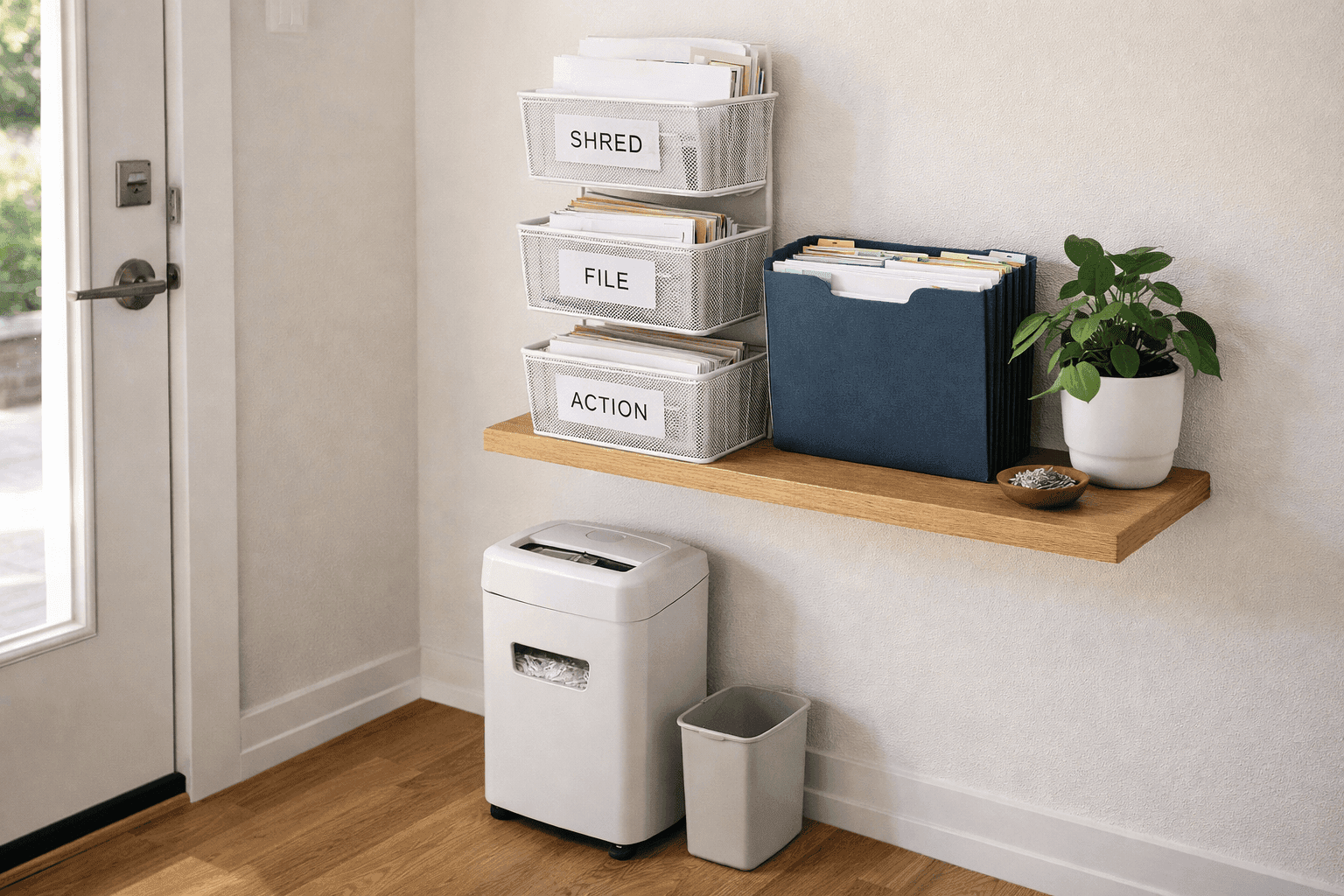 Neatly organized document filing station with three labeled bins, an accordion folder, and a small cross-cut shredder on a clean home office desk in natural light