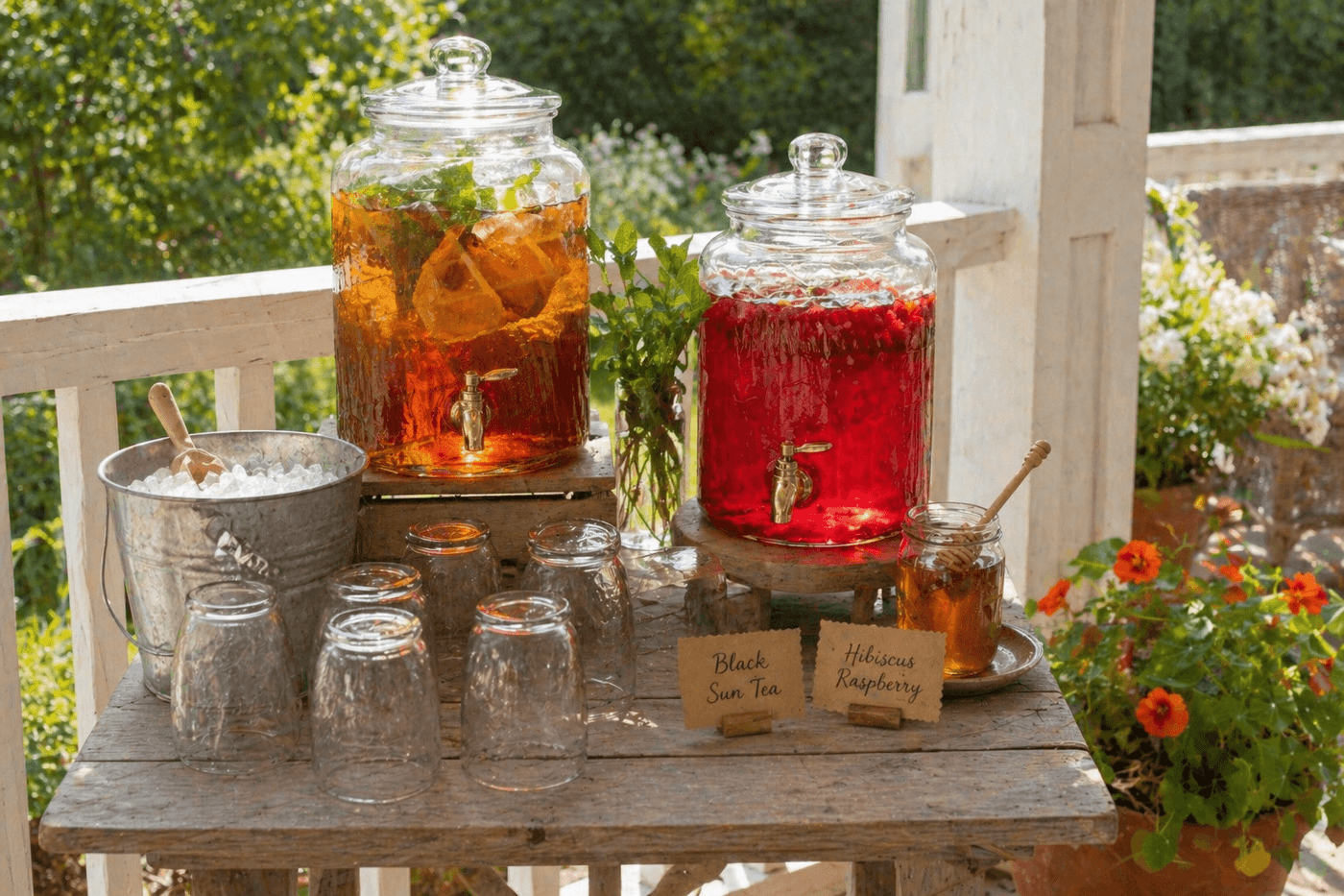 Two large glass dispenser jars filled with sun tea — one amber black tea with lemon slices and fresh mint, one deep pink hibiscus tea with raspberries — on a small outdoor table with glasses, ice bucket, and honey jar in afternoon sunlight