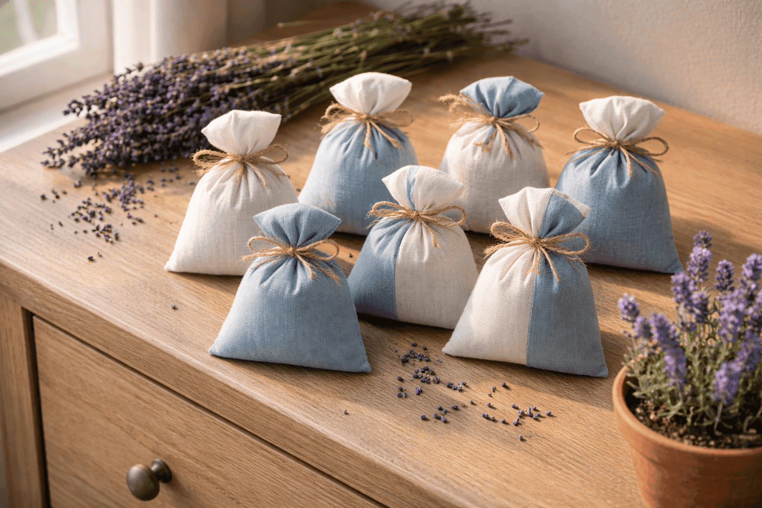 A collection of small linen lavender sachets tied with twine arranged on a wooden dresser beside a bundle of dried lavender stems