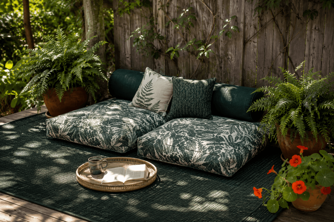 A lush shady backyard relaxation corner with two large botanical-print floor cushions and a long bolster on a weatherproof rug, styled with a low bamboo tray holding a coffee cup and small potted ferns on each side