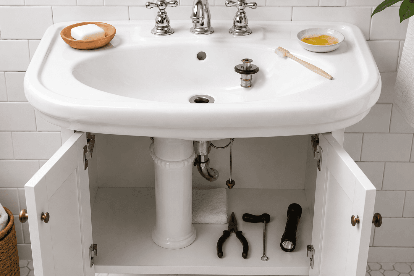 Under-sink view showing a pivot rod being disconnected from the drain pipe to remove a bathroom sink pop-up stopper for drain cleaning, with tools laid out neatly on the cabinet floor