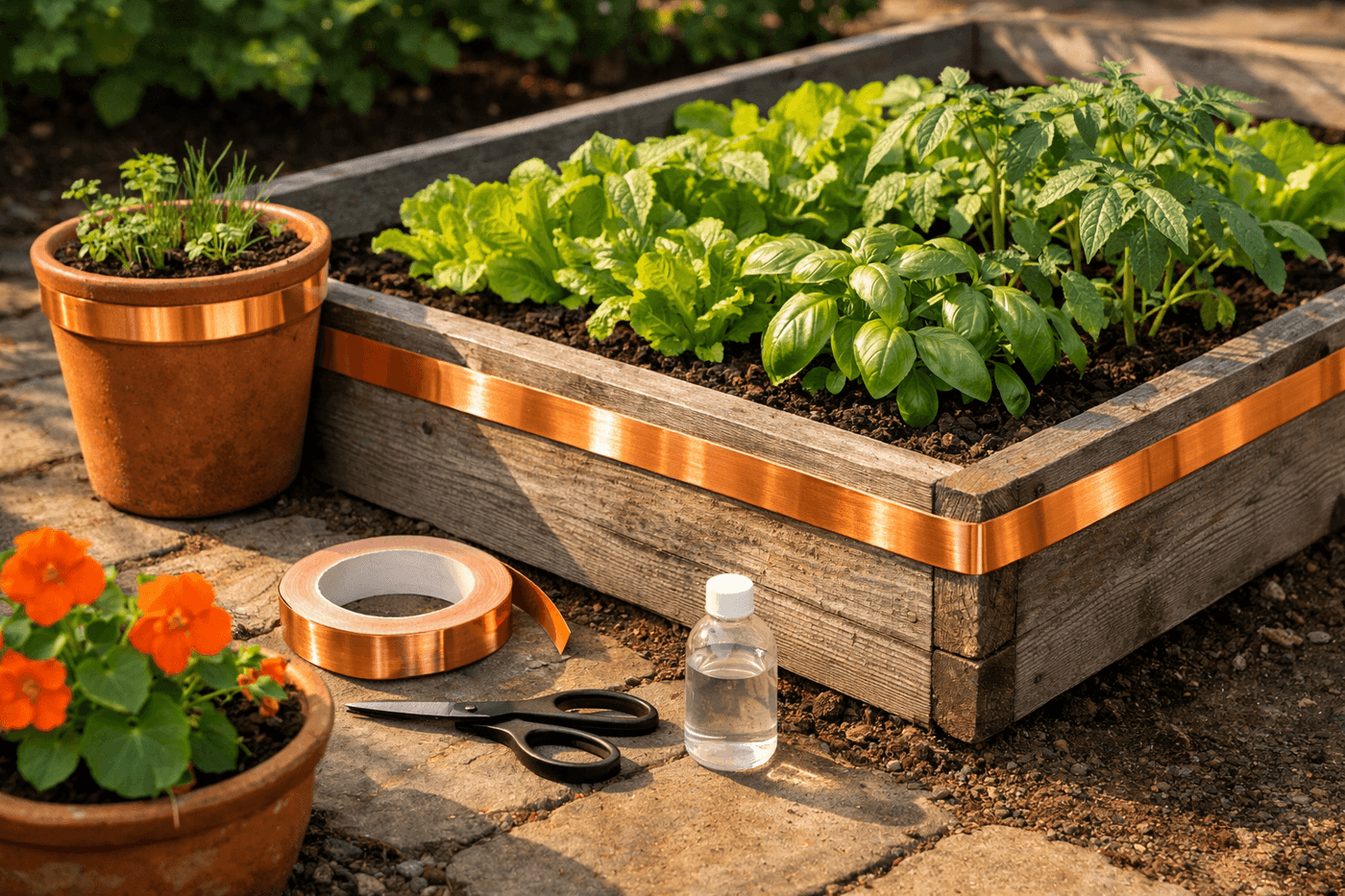 Copper adhesive tape applied in a continuous band around a raised garden bed with healthy seedlings thriving inside, bright copper strip visible against weathered wood