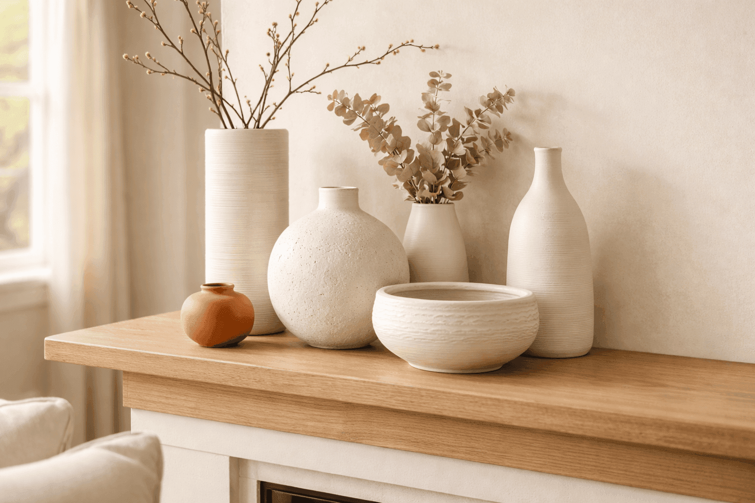 A grouping of five thrift store vases in varying shapes painted in soft cream and warm white tones with different hand-applied textures — combed lines, stippled sponge marks, and palette knife ridges — arranged together on a wooden mantel with spring branches