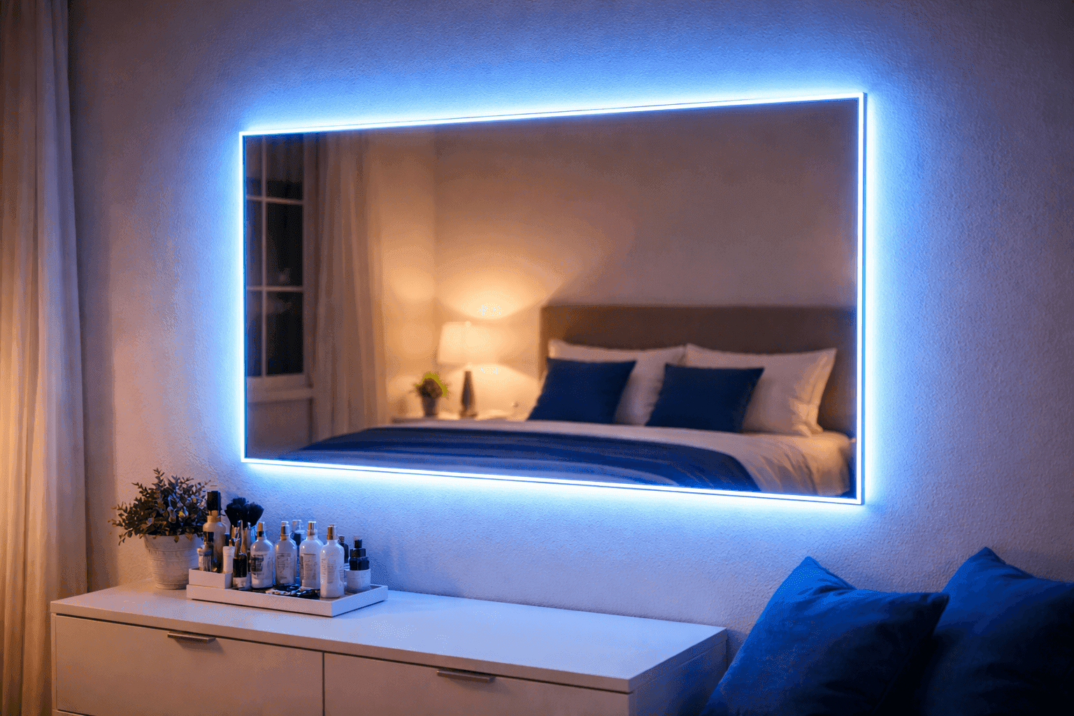 Modern frameless mirror with vibrant LED neon rope lights creating glowing frame in stylish bedroom with dramatic lighting effect
