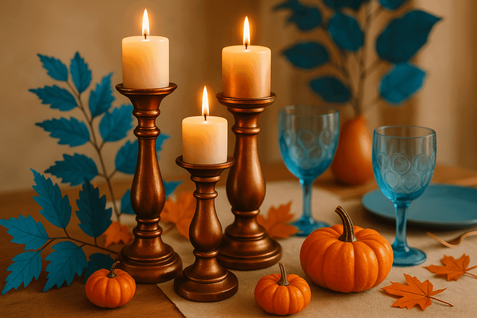 Elegant copper and bronze painted candlesticks in various heights creating warm autumn ambiance with flickering candles in sophisticated fall tablescape