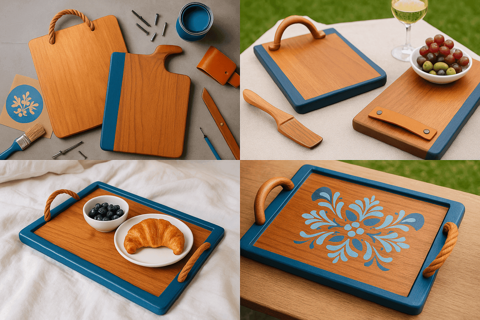 Beautiful upcycled cutting boards transformed into elegant serving trays with decorative handles and stylish finishes for entertaining