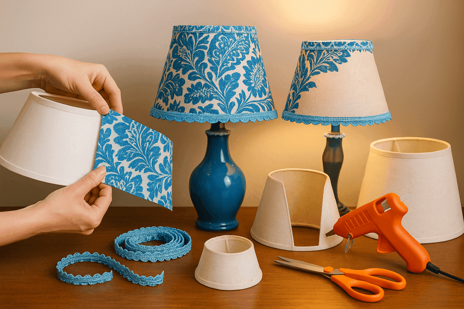 Before and after lampshade makeover showing transformation from plain shade to beautiful fabric-wrapped design with decorative trim