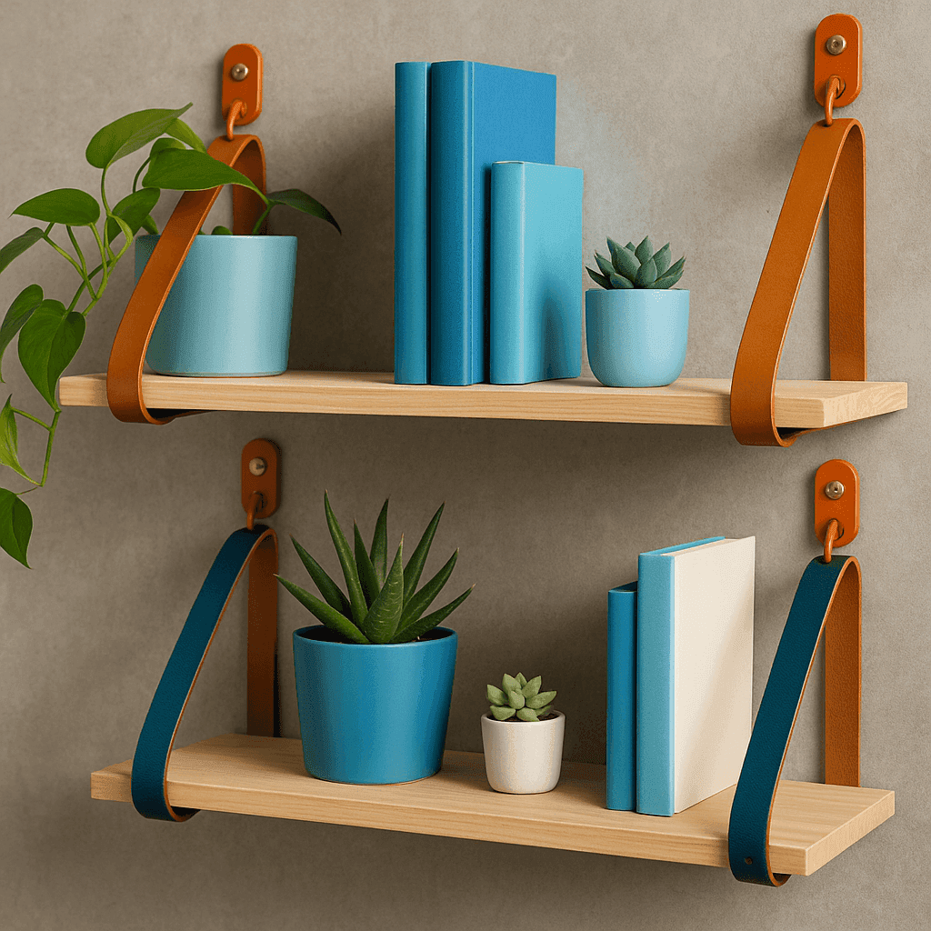 Creative hanging shelves made from repurposed leather and canvas belts supporting wooden boards with plants, books, and decorative items