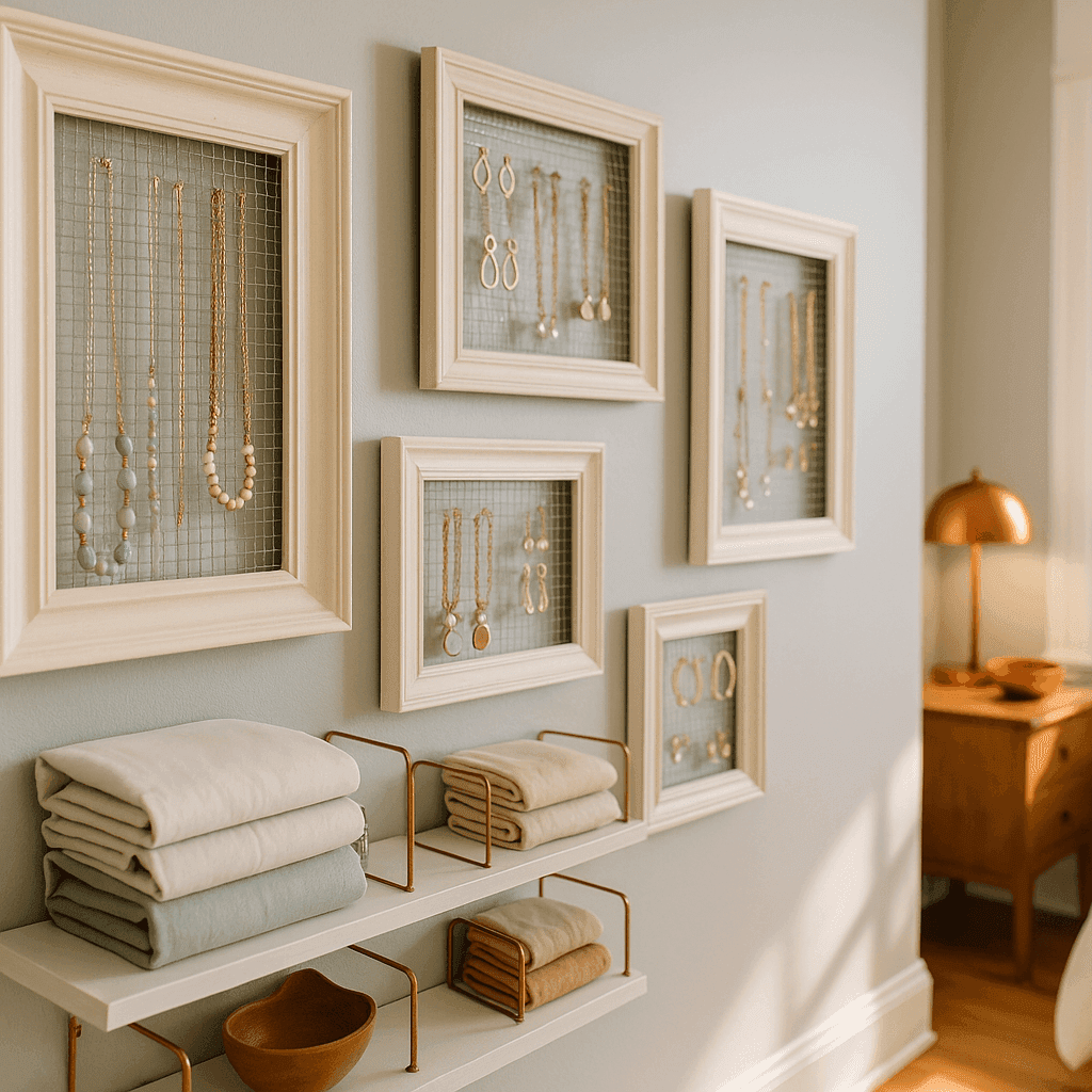 Repurposed picture frames painted white with wire mesh backing displaying organized necklaces and earrings on bedroom wall