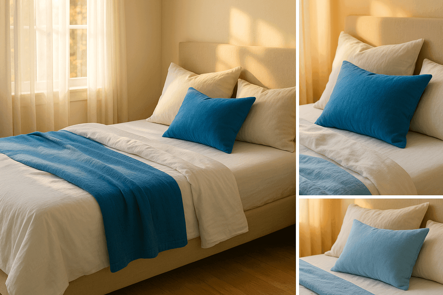 Bright airy bedroom with crisp white and coastal blue linen bedding, natural light streaming through windows