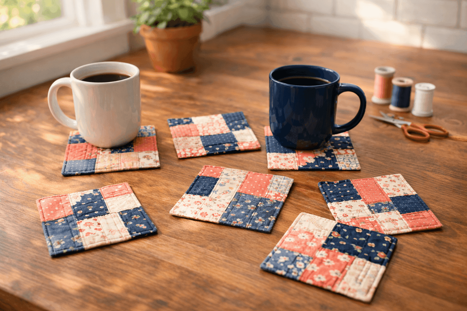 Colorful quilted fabric coasters made from scraps arranged on kitchen table with coffee mugs