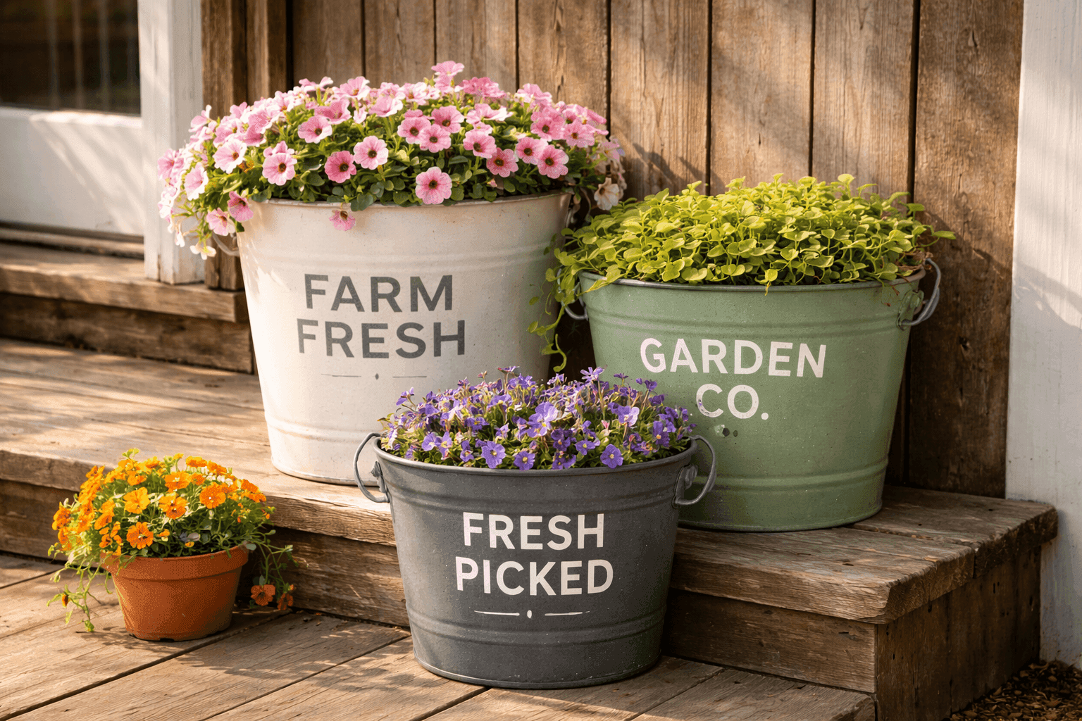 Three galvanized buckets in graduating sizes painted in cream, sage green, and charcoal with farmhouse stencil lettering, filled with trailing flowers and grouped on a rustic porch