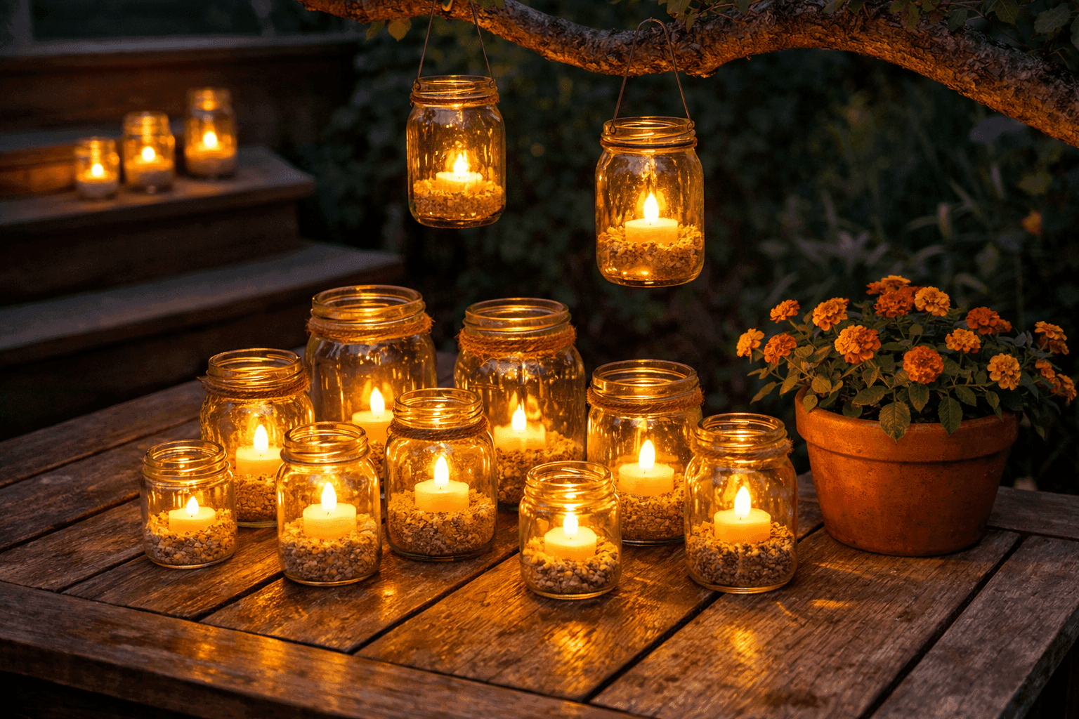 A cluster of glass jar luminaries in varying sizes glowing with warm LED light on a wooden patio table at dusk, some hanging from tree branches above, with pebbles and sand visible inside each jar