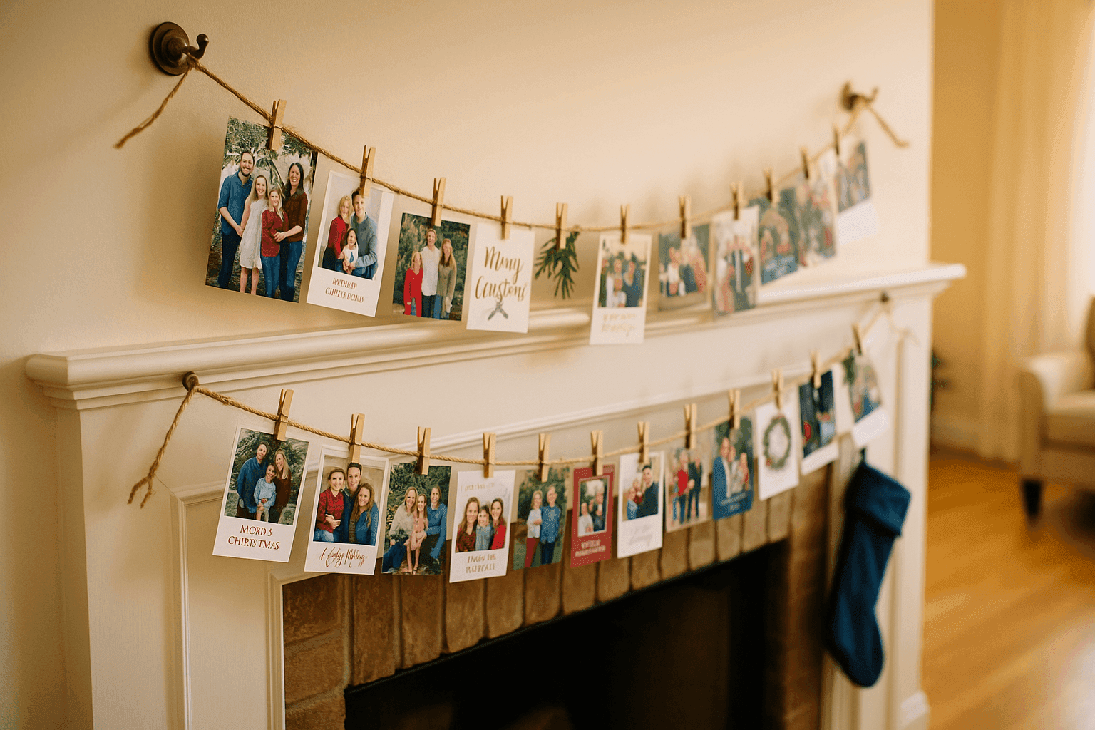 Rustic twine garland with mini clothespins displaying colorful holiday greeting cards hung across living room wall