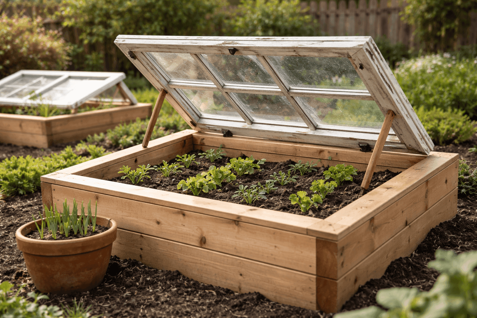 Vintage wooden window frame propped open as a cold frame lid on a cedar raised garden bed with seedlings visible inside on a bright early spring morning