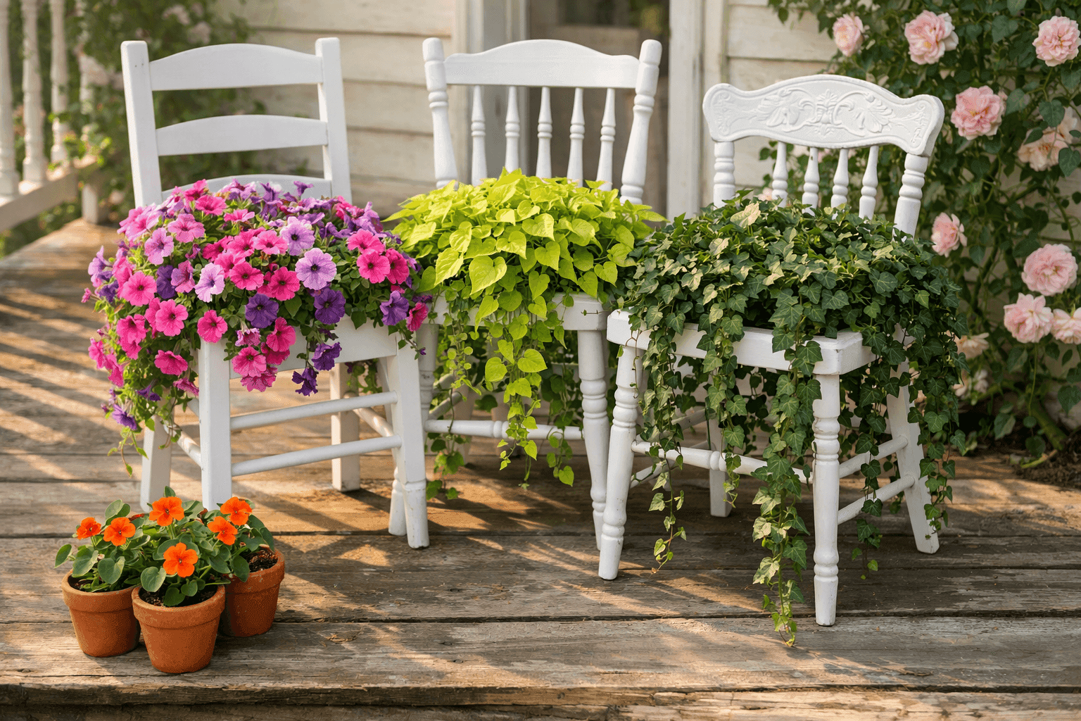 Three mismatched painted wooden kitchen chairs converted into garden planters with trailing petunias and sweet potato vine cascading from their seat openings, clustered on a cottage garden porch