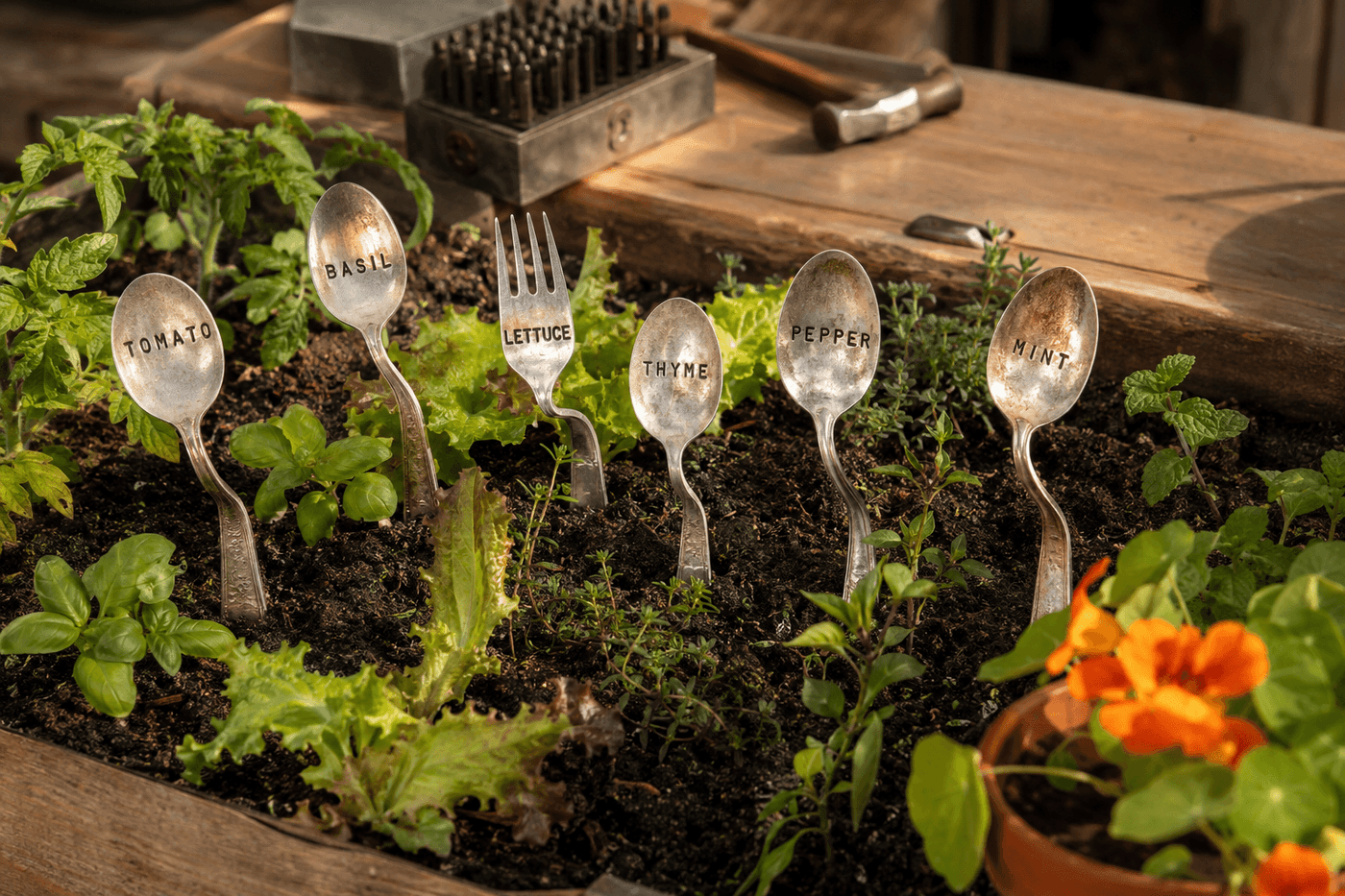 A row of vintage silver spoons bent at 45-degree angles with plant names stamped into their bowls — TOMATO, BASIL, LETTUCE — pushed into a garden bed beside their respective plants