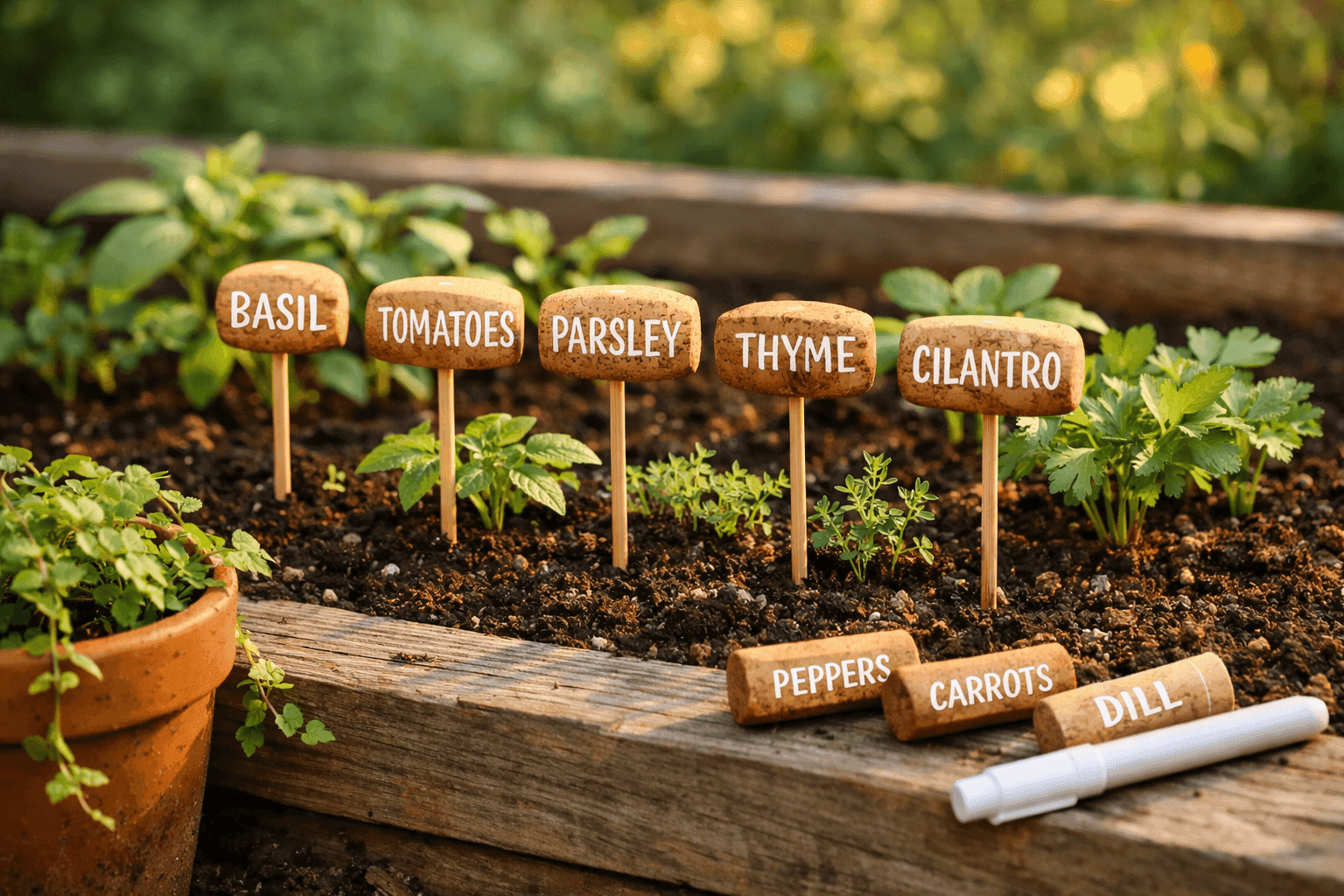 Collection of wine cork garden markers on bamboo skewers with plant names written in paint pen pushed into rich garden soil beside herb and vegetable seedlings in a sunny raised bed