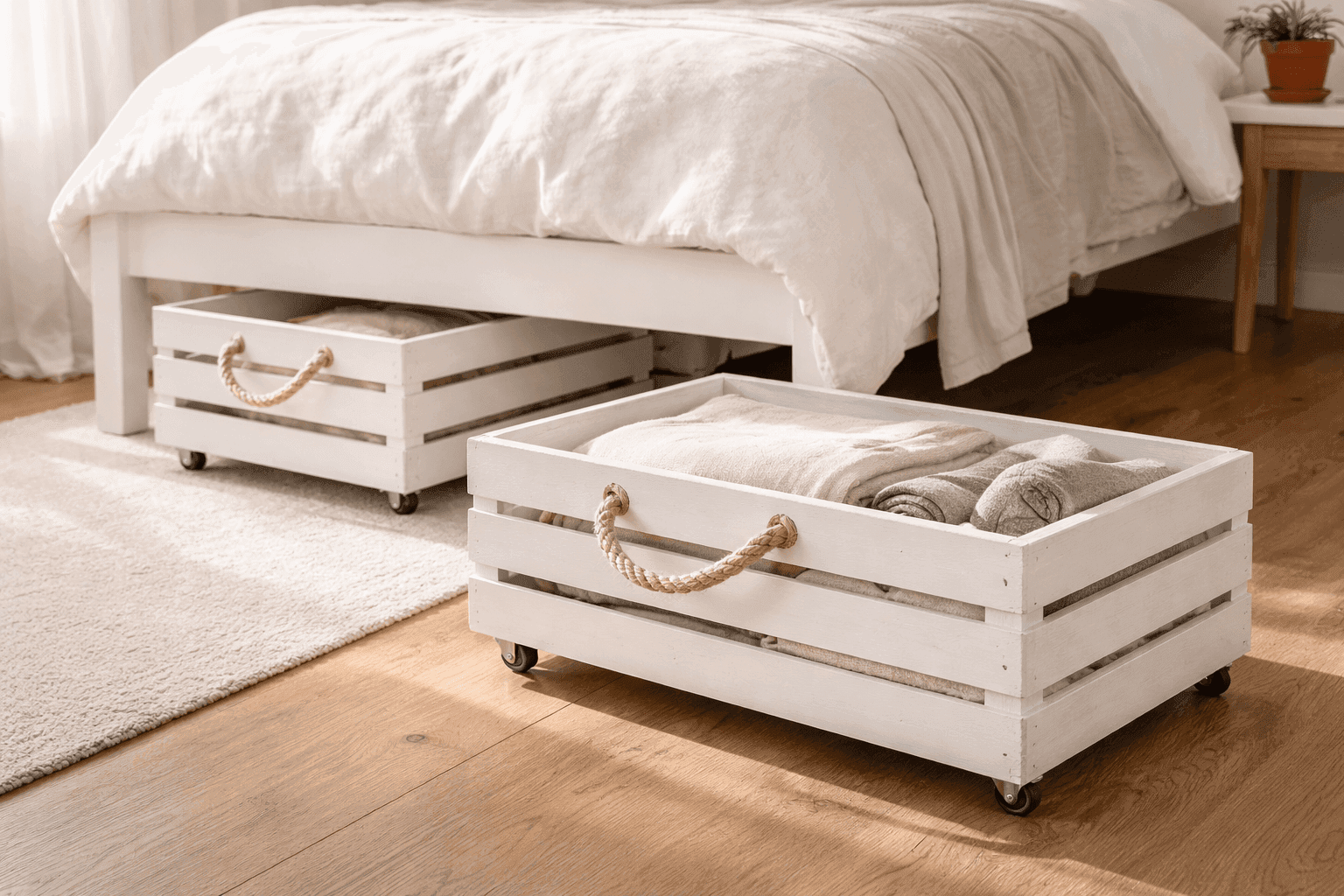 Two white-painted wooden crates with rope handles and swivel casters partially pulled out from beneath a bed with neatly folded linens visible through the slatted sides