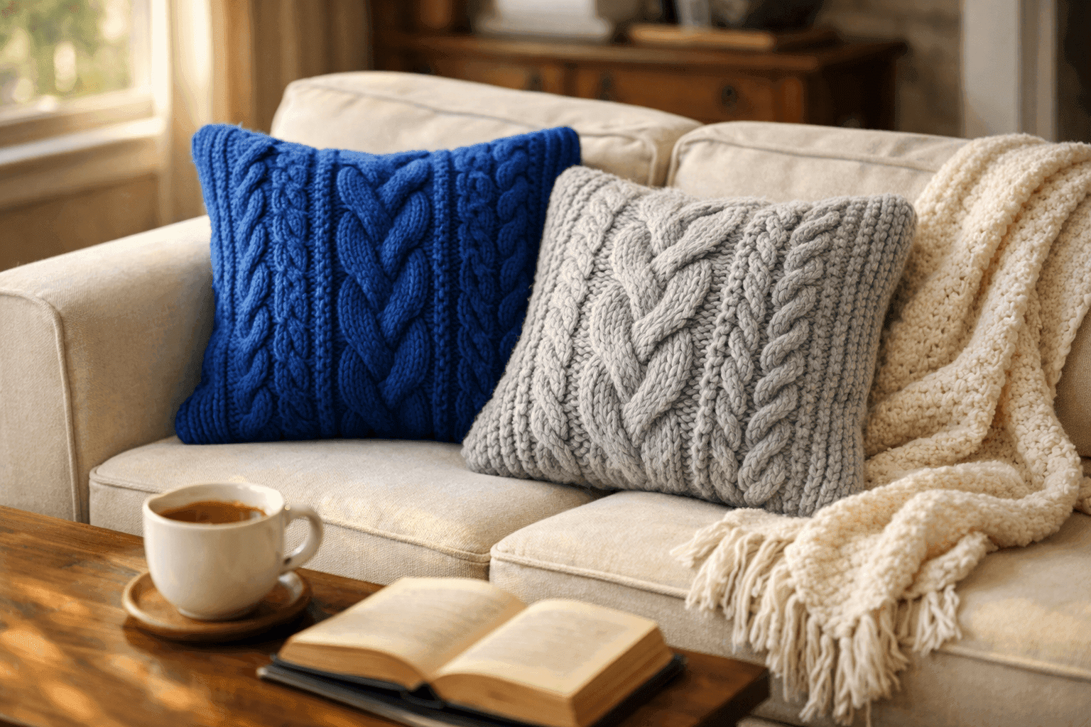 Cozy living room sofa with textured cable knit pillow covers made from repurposed sweaters creating warm atmosphere
