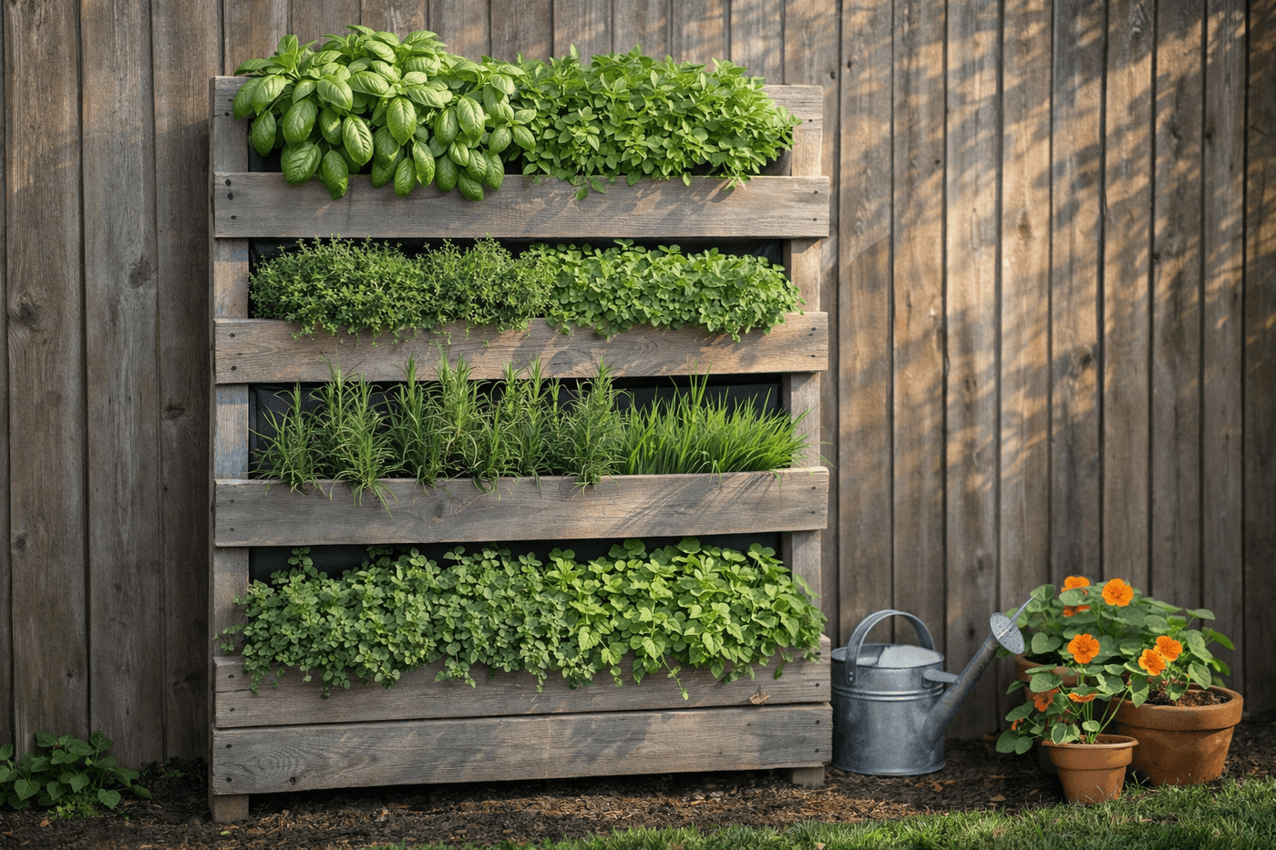Wooden pallet vertical herb garden standing against a sunny fence with basil, thyme, oregano, rosemary, and chives spilling lushly from each slat row