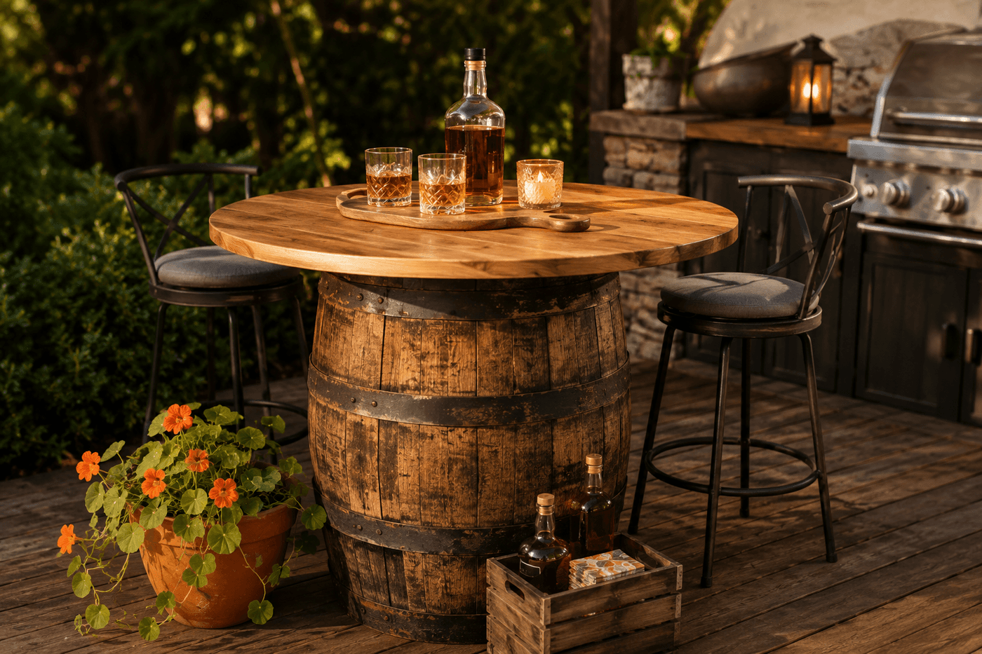 A whiskey barrel topped with a round cedar tabletop on a patio near a grill with drinks and glasses on top and a small wooden crate of bottles underneath, warm evening light illuminating the weathered oak staves and metal barrel bands