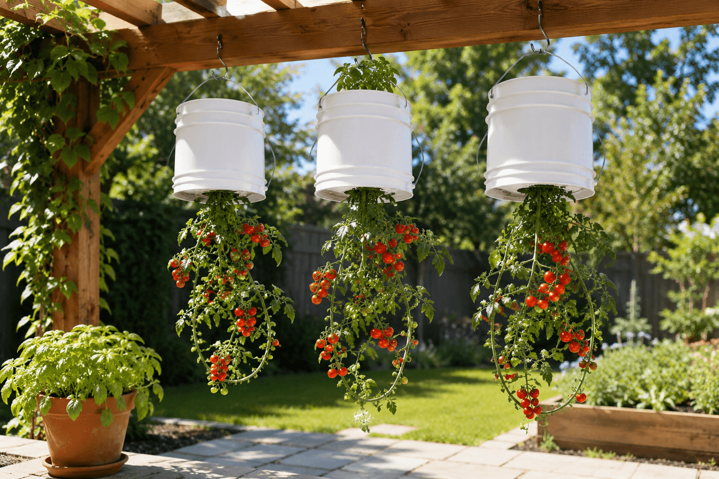 Three five-gallon buckets hanging upside down from a pergola beam with cherry tomato plants growing downward in graceful arcs, loaded with clusters of red cherry tomatoes with no soil contact