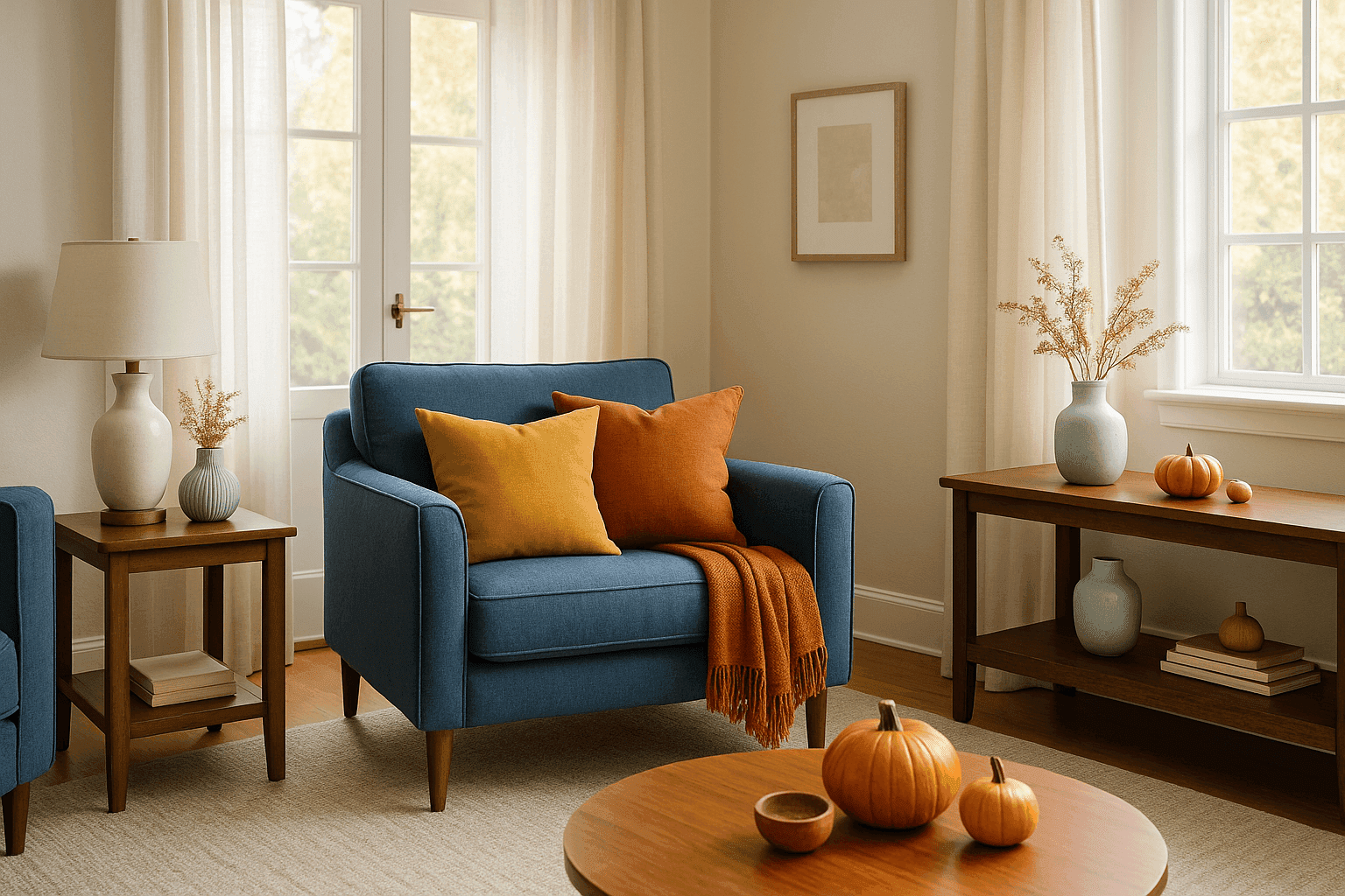 Bright living room transitioning to fall with warm mustard and burnt orange accent pillows while maintaining fresh summer foundation