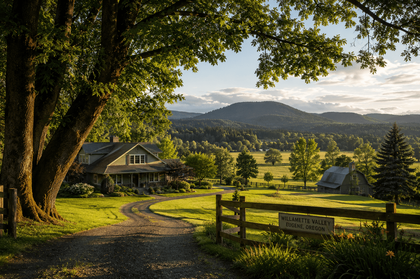 A lush green acreage property in the Willamette Valley near Eugene, Oregon, with mature trees and a pastoral setting typical of rural Lane County.