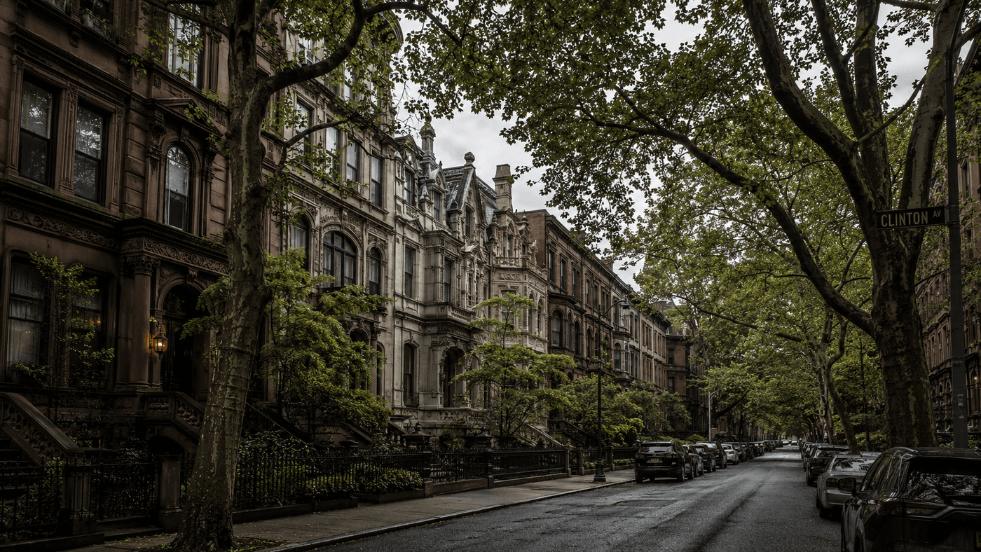 Historic tree-lined Clinton Avenue in the Clinton Hill neighborhood of Brooklyn, New York