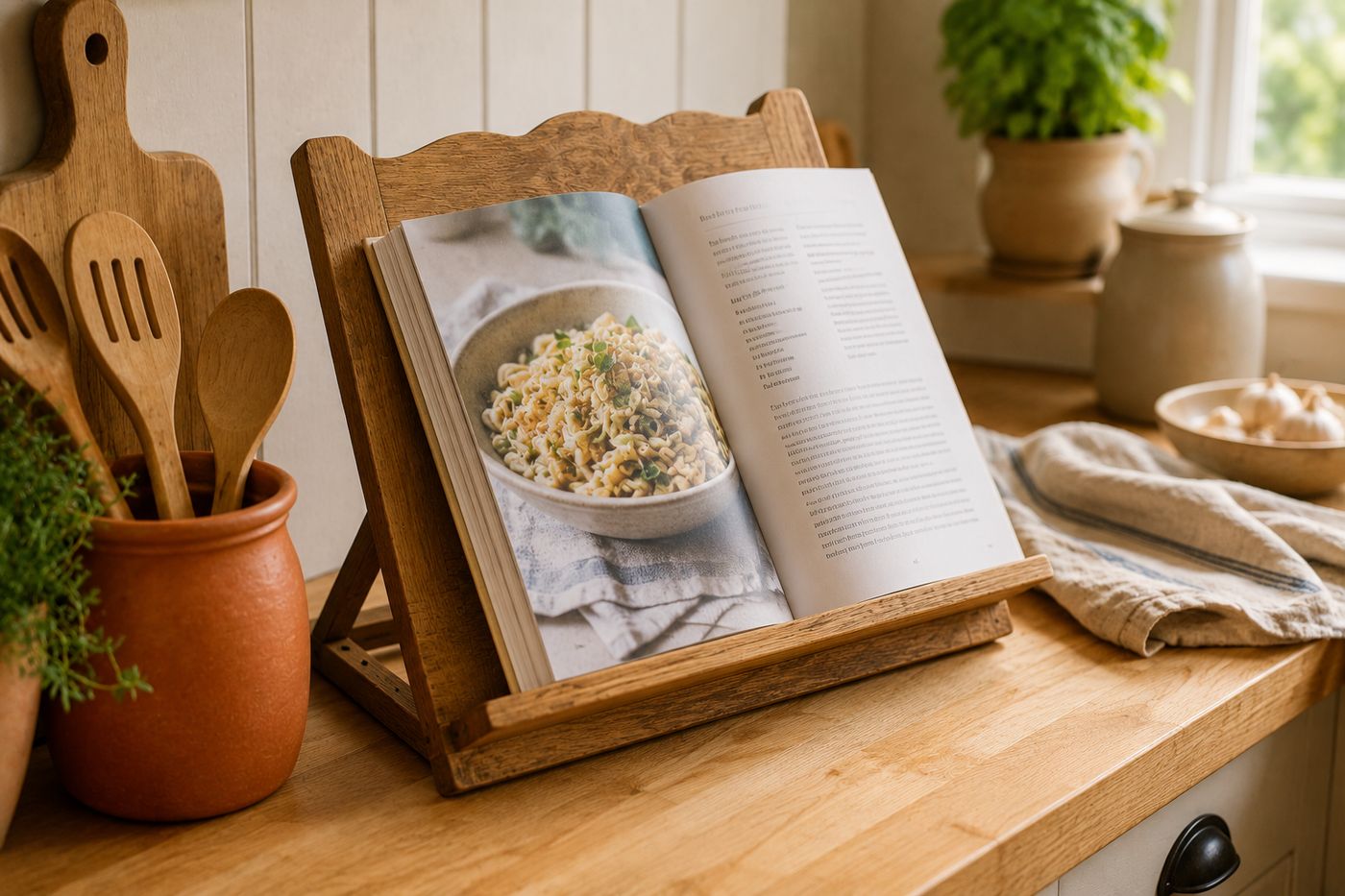 Wooden cookbook stand holding an open cookbook at an angle on a kitchen counter, with a scalloped top edge on the back support