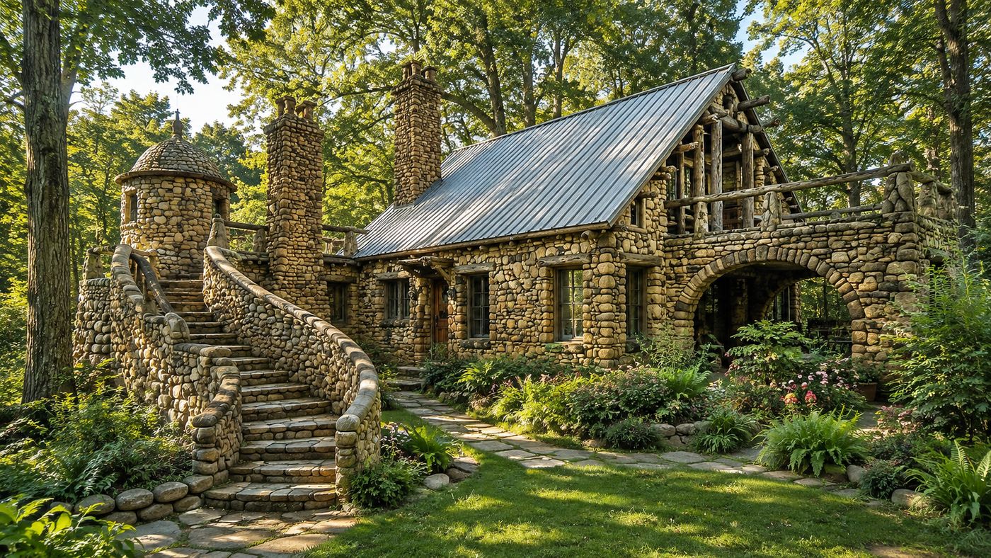 A handcrafted stone cottage with turrets nestled among mature trees in rural Arkansas