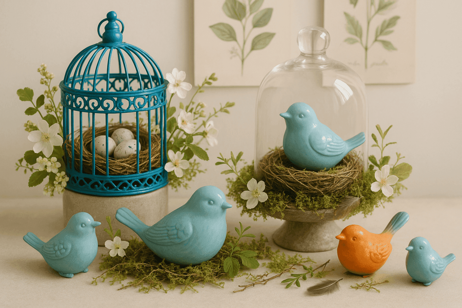 Bird-themed spring decor featuring decorative birdcages and nest accents