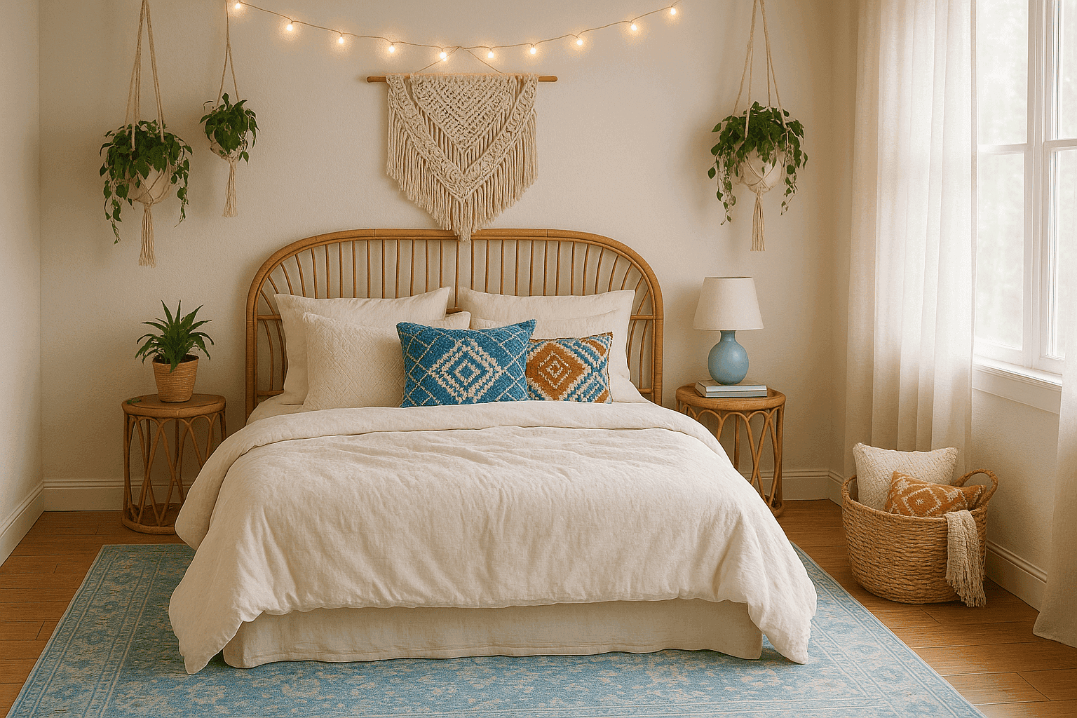 Bohemian bedroom with layered textiles and hanging plants