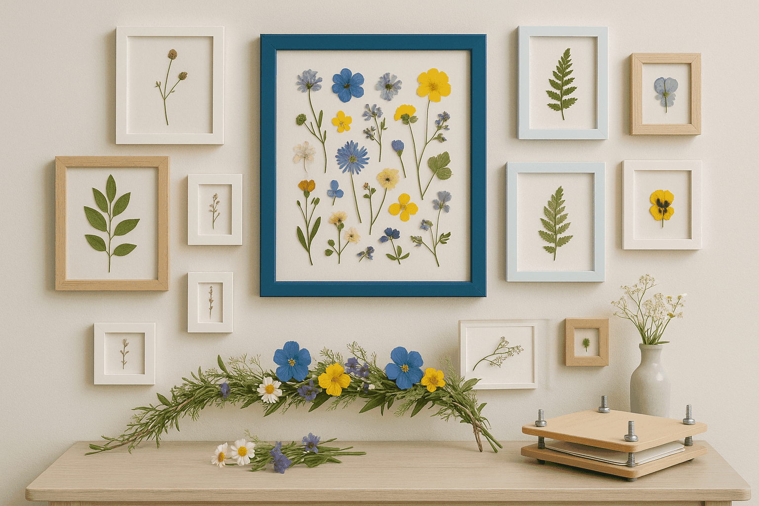 Gallery wall of framed pressed flowers and botanicals